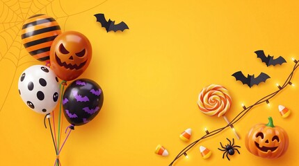 Naklejka premium Halloween party decoration with spooky balloons, carved pumpkin, bats, and colorful candy on a bright yellow background for a festive celebration and holiday greeting card