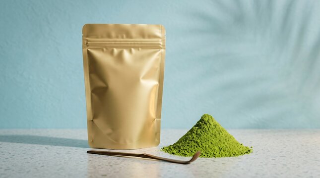 Gold Pouch Standing Next to Green Powder on White Surface with Light Blue Background