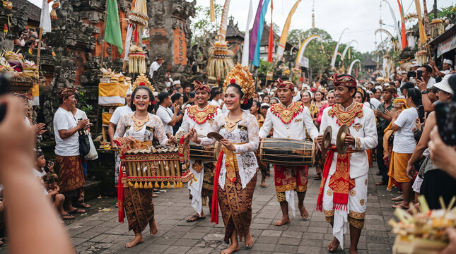 Indonesian Cultural Parade Dancers Performing Traditional Music on Street