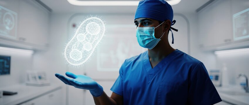 Doctor in scrubs holding digital hologram of bacterium in high-tech lab. Researcher analyzing microbiological structures using futuristic technology. Biotechnology and medical innovation concept.