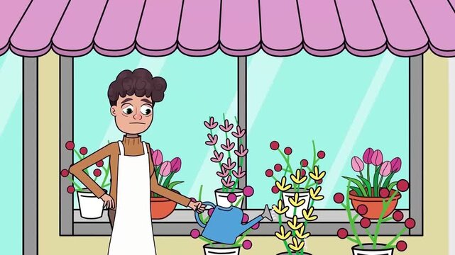 2D animation of a florist watering fresh flowers near a shop window store front commercial small business scene