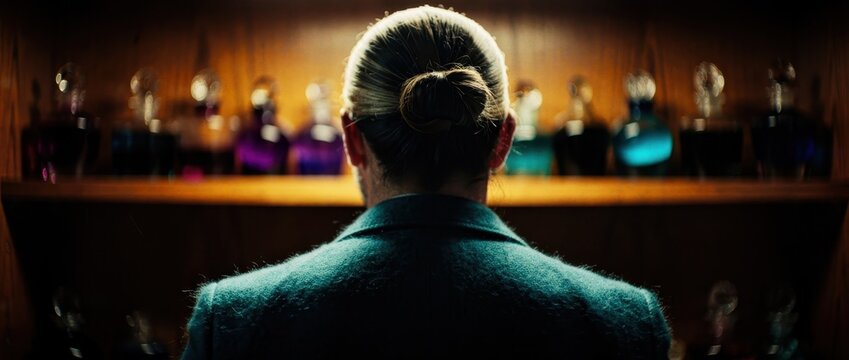 Rear view of a man looking at colorful glass bottles. Stylish figure standing before a shelf of luxury perfumes or elixirs. Fragrance choice and grooming concept for retail marketing.