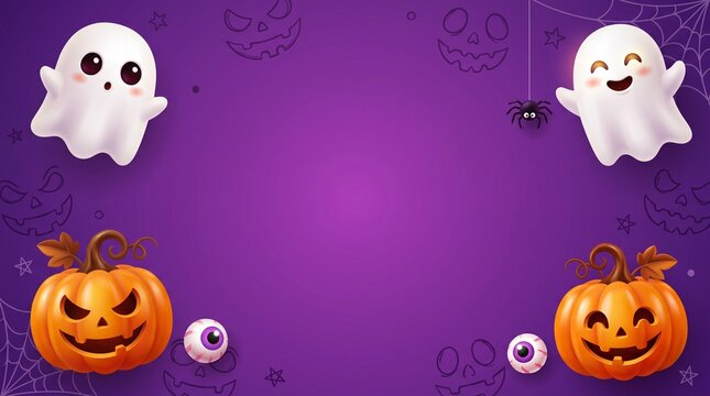 Cute cartoon ghosts and jack o lantern pumpkins on a dark purple background for a fun halloween party invitation or greeting card template with empty space for text