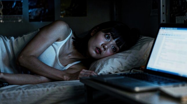 Young woman staring at laptop in bed with shocked expression. Dim bedroom showing blue light and insomnia at night. Digital addiction concept for mental health and sleep disorder campaigns.