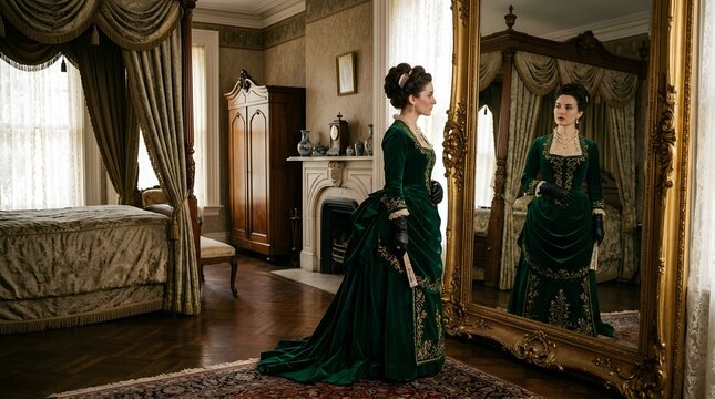 Elegant Victorian socialite in emerald green velvet gown standing before ornate mirror in vintage bedroom with antique furniture.