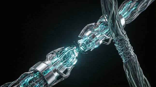 Synapse, technology, connection, cyber biological synaptic cleft bridging a microscopic gap with polished chrome terminals emitting glowing digital neurotransmitters in deep space