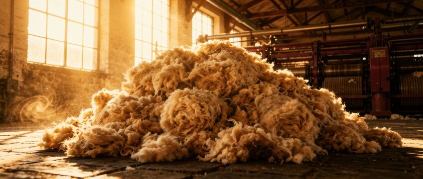 Pile of raw wool fiber on a factory floor with sunlight. Warm golden light illuminating a textile mill interior with industrial machinery. Manufacturing and craft heritage concept for marketing.