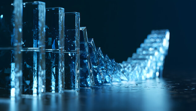 Futuristic digital domino illustration showing transparent glass blocks in a chain reaction, representing both a business strategy and risk management