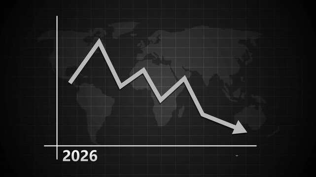 Downward line graph over a world map with 2026 to 2027, Global decline trend on a dark background, World map with falling trend line and 2026 to 2027