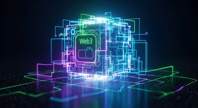 Glowing electronic cube emitting vibrant neon light rays across a dark surface while representing decentralized network concepts and futuristic cryptographic finance technology systems