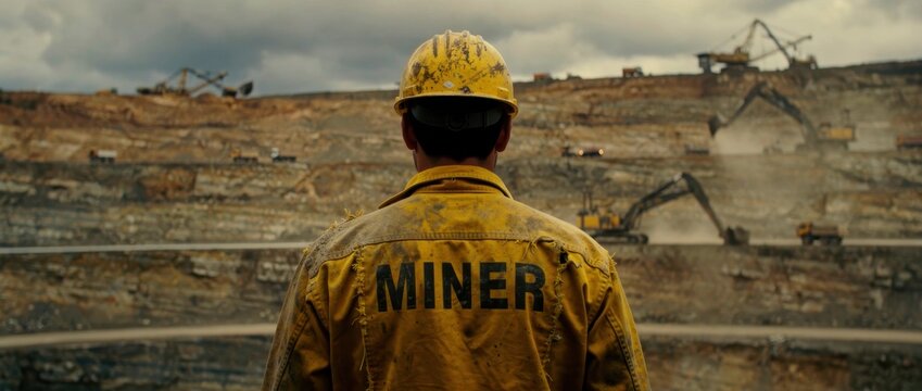 Back view of a miner in yellow gear overlooking an open-pit mine. Excavators and heavy machinery operate in the vast industrial quarry. Resource extraction concept for energy industry media.