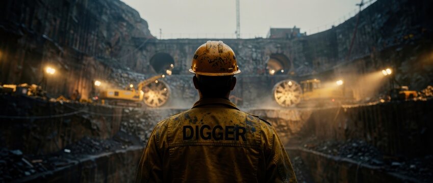 Miner in hard hat overlooking a massive underground tunneling site. Professional worker manages heavy machinery and excavation in a deep rock quarry. Engineering concept for industrial marketing.