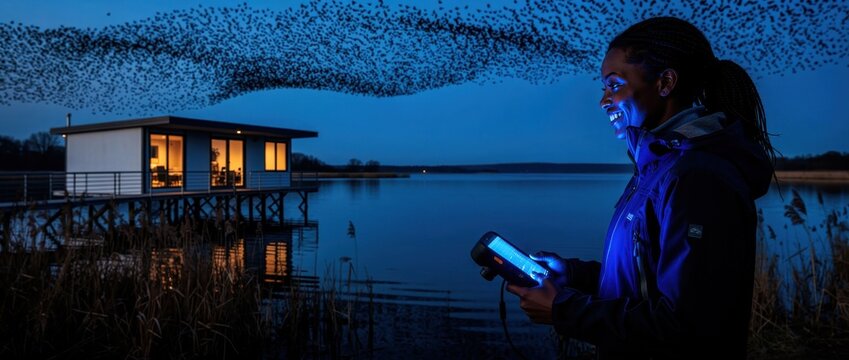 Woman using digital tablet at night near a lake with bird murmuration. Modern waterfront house illuminated under a dark blue twilight sky. Tech and nature concept for environmental tracking marketing.