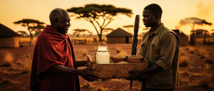 African men exchanging a wooden crate with milk and grain in a rural village. Traditional elder and young man collaborating at sunset in the savanna. Community support and food security concept.