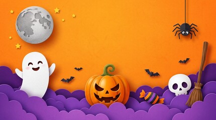 Fototapeta premium Happy halloween background with cute ghost, scary pumpkin, skull, spider and bats on an orange night sky with a full moon