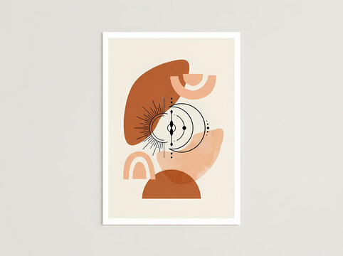 Abstract boho wall art print with geometric shapes and celestial elements in terracotta and beige tones.
