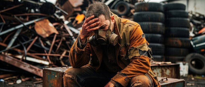 Man in gas mask sitting in junkyard. Survivor in tattered clothes amid scrap and tires. Post-apocalyptic survival concept for dystopian and environmental themes.