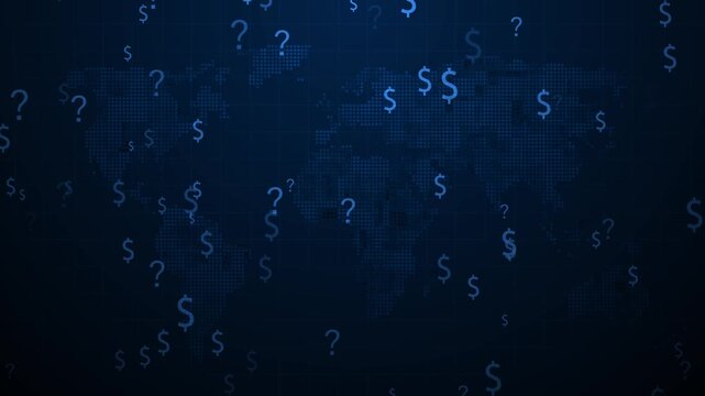 Dark world map background with floating dollar signs and question marks animation