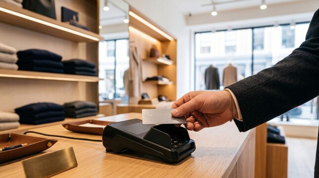 Close-up of a customer making a contactless payment with a blue credit card at a point of sale terminal.