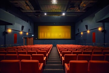 Naklejka premium Rows of red seats face a large illuminated yellow screen in an empty cinema auditorium, creating an inviting atmosphere of anticipation