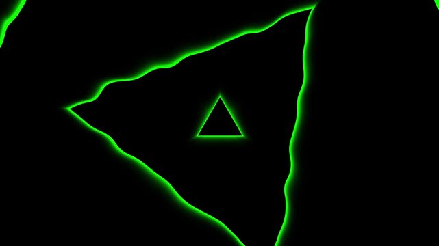 Glowing green neon triangle tunnel and abstract irregular outline on black background