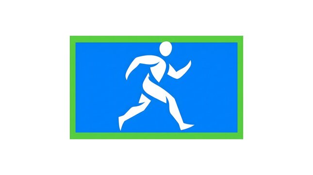 Abstract running person icon on blue background with green border