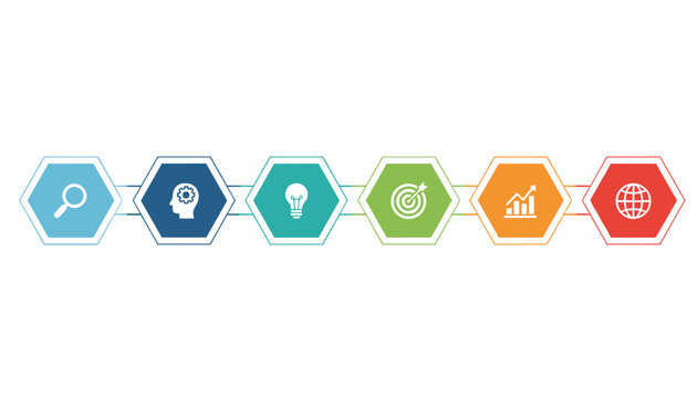 Business concept infographic template with six colorful connected hexagonal steps for process layout.