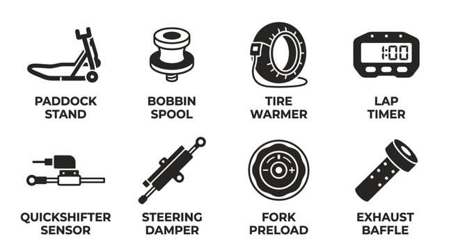 Selection of motorcycle performance tracking and handling equipment icons featuring paddock stand tire warmer lap timer motorcycle performance tracking handling equipment quickshifter steering