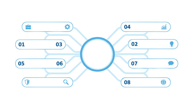 Empty business infographic mind map layout template with eight branching steps and clean flat line icons on white background.