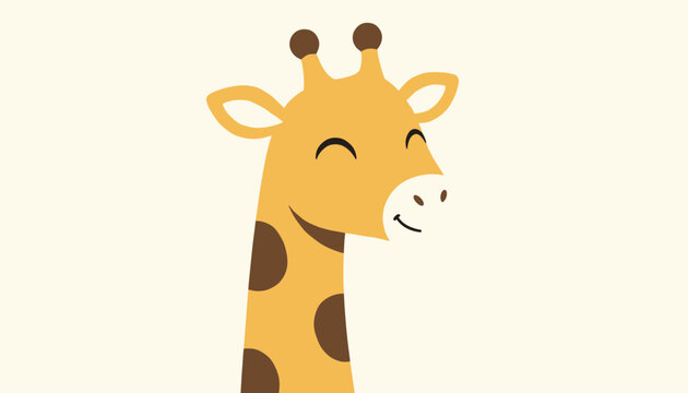 Sweet cartoon giraffe head portrait with a happy smiling expression close up on warm cream background.