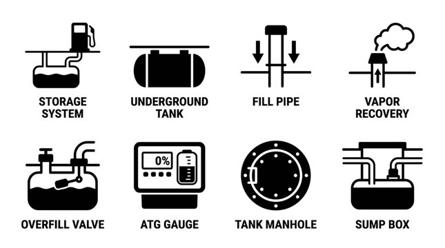 Set of underground fuel storage system and tank infrastructure icons in black silhouette with underground recovery overfill collection silhouette infrastructure industrial environment isolated