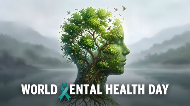 Human head silhouette filled with lush green trees for mental health awareness