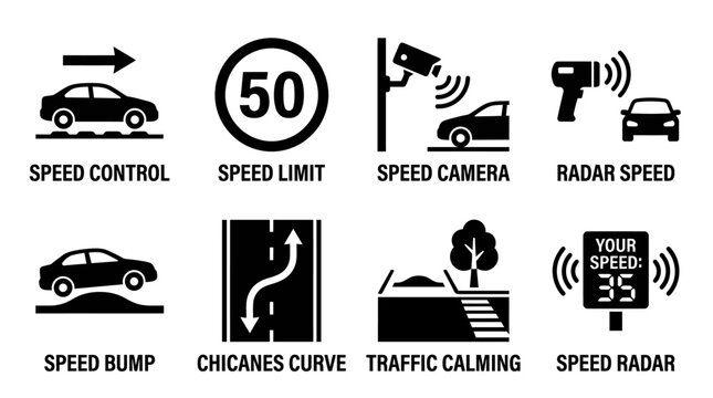 Traffic calming and speed control icons depicting speed limits speed bumps and speed cameras with regulation measurement enforcement illustration transport surveillance technology automatic