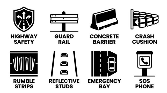 Highway safety and road protection infrastructure black and white vector icon set with concrete reflective emergency protection infrastructure transport direction communication pictogram