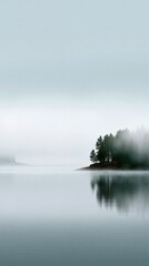 Obraz premium Mist rising over calm lake with forested shore and vertical tree silhouettes