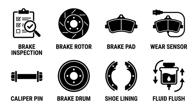 Brake system inspection icons featuring rotor pad wear sensor caliper pin drum shoe lining and fluid flush inspection automotive mechanic transport stopping equipment component collection