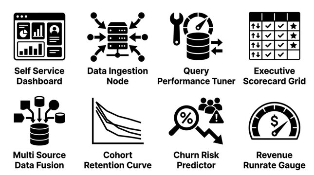 Set of black icons for self-service dashboard data ingestion query performance and revenue metrics with dashboard ingestion performance business analytics scorecard retention predictor