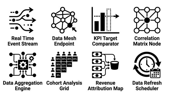 Set of black and white business analytics icons featuring real time event stream data mesh endpoint kpi target comparator correlation matrix node data aggregation engine cohort analysis grid revenue