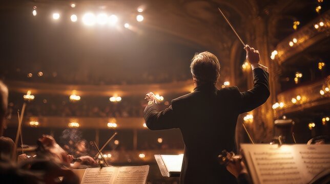 Orchestra conductor with their back turned, holding a baton and leading musicians on a dramatically lit stage. Orchestra conductor or maestro from behind, holding a baton leading a musical ensemble.