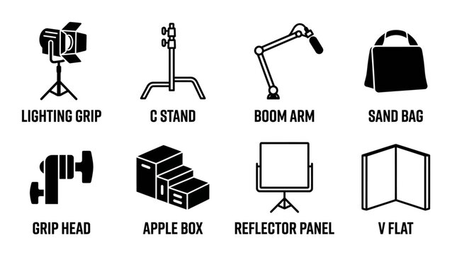 Set of studio lighting equipment and photography grip gear icons with c stand lighting equipment photography production reflector collection hardware accessory diffuser modifier umbrella
