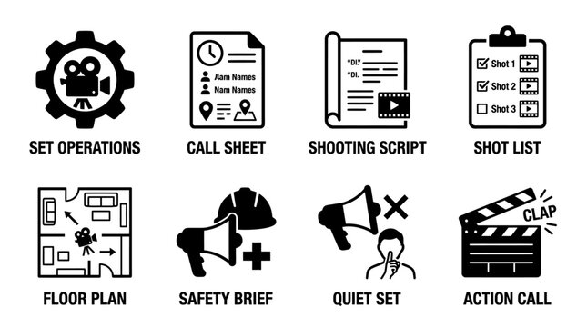 Set operations call sheet shooting script and shot list icons for filmmaking production with production operations clapperboard document clipboard megaphone direction shooting schedule