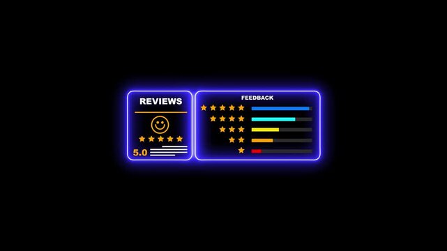 Neon customer review rating interface with five star feedback analytics dashboard five star rating