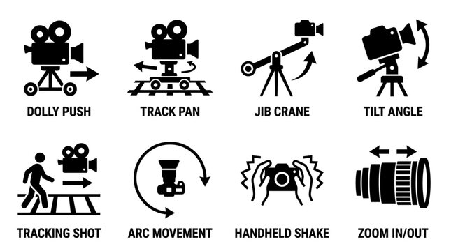 Camera movement icons including dolly push track pan jib crane and tilt angle for film production with movement tracking handheld equipment operator production technology photography creative