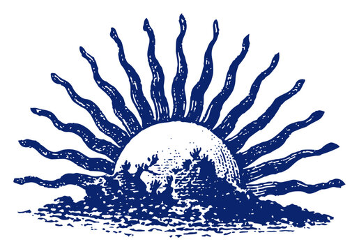 Rising sun over horizon landscape vector illustration, vintage blue ink engraving of dawn and hope