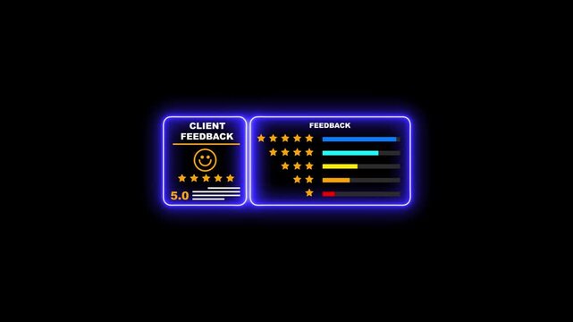 Neon client feedback rating interface with 5-star review animation for business analytics and customer satisfaction ui