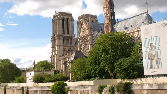 Notre Dame Cathedral Renovation and Seine River Waterfront in Paris
