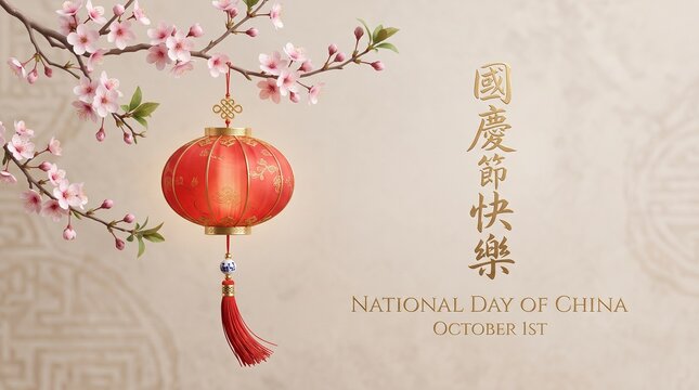 Red chinese lantern hanging on a blooming cherry blossom branch for national day of china design