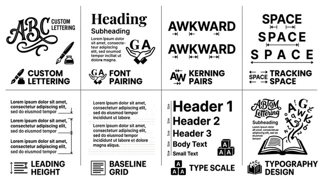 Set of typography and lettering icons showcasing custom lettering font pairing kerning pairs tracking space leading height baseline grid type scale typography design with typography