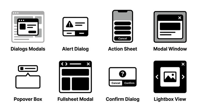 Set of UI modal and popup window elements including dialog modals alert dialogs action sheets modal popover boxes fullsheet modals confirm dialogs lightbox views with lightbox fullscreen interface