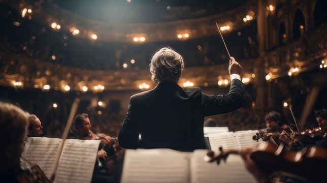 Orchestra conductor with their back turned, holding a baton and leading musicians on a dramatically lit stage. Orchestra conductor or maestro from behind, holding a baton leading a musical ensemble.